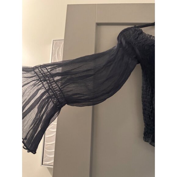 Sheer Black Smocked Off-Shoulder Long Sleeve Top By Compliance Alliance - Picture 3 of 7